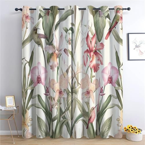 CozyRest Vorhang Blickdicht Thermovorhang Aquarellpflanze Orchidee Und Lilie Muster Gardinen Wohnzimmer Vorhänge Geräuschreduzierung Dekoration für Wohnzimmer Fenster Kolibri Und Blumen 160 x 70 cm