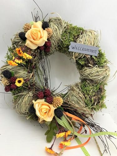 Tisch- oder Türkranz rund ø 28 cm - Kranz mit Rosendekor Handarbeit - Frühling - Sommer- Herbst als Willkommensgruß (Art. 869)