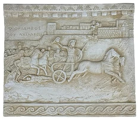 Scultura greca decorativa da parete in pietra greca in rilievo, trionfo di Achille Ettore