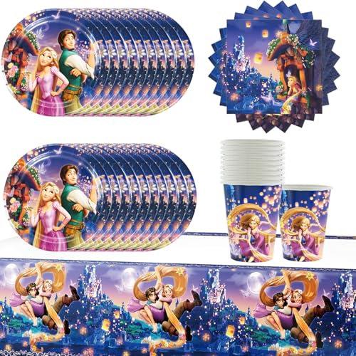 61 pièces Tangled vaisselle de fête d'anniversaire, Raiponce thème de la fête, comprend des tasses, des serviettes, des assiettes, nappes ; Convient pour les fêtes