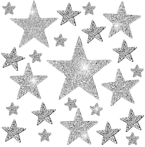 24pcs Silver Rhinestone Star Iron on Patches, 5 Sizes Sparkly Star Patches for Clothes, Glittering Sequin Star Applique Heat Press Patches for Clothes Hats Bags Jeans Repair and Decoration