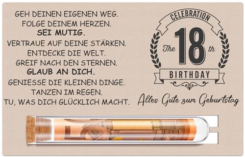 Otuuz Geldgeschenke 18. Geburtstag Geschenk für Mädchen Jungen Geschenkset Enthält Holzkarte zum 18. Geburtstag und Reagenzglas Geburtstag Geld Gutschein Verpackung Geschenkverpackung