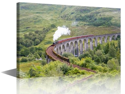 TISHIRON Jacobit-Dampfzug-Wanddekoration, Zug, Leinwandgemälde, Glenfinnan-Viadukt, Wanddekoration, Poster, Heimdekoration, Wohnzimmer, Büro, gerahmt, Galerieverpackt, fertig zum Aufhängen, 1 Panel (B