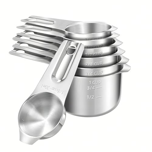 ASelected 7 Piece Stainless Steel Measuring Cups,Stackable Measuring Cup Set,Heavy Duty Metal Measuring Cups,Cup Measurements Set for Dry Ingredients and Liquid, Cooking & Baking