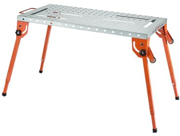 VEVOR Tavolo da Saldatura Pieghevole 533 x 1118 mm Banco da Lavoro per Saldatura, Altezza Regolabile su 4 Livelli, Banco da Lavoro in Acciaio al Carbonio, 6 Slot per Utensili, Fori di Fissaggio 16 mm