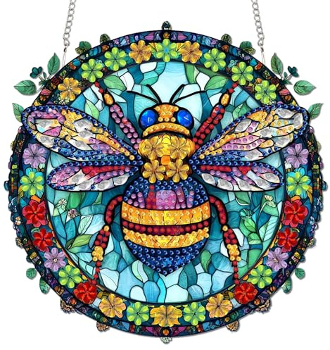 Reofrey Diamond Painting Doppelseitig Anhänger Acrylbrett mit Kette Biene - 20x20cm Diamant Painting Fensterbilder Deko Set DIY Kristall Malerei Anhänger für Wand Fenster & Garten Schmücken