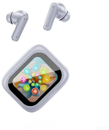 ReachMall Auriculares inalámbricos, pantalla táctil inteligente de pantalla grande, auriculares de dientes azules, micrófono con cancelación activa de ruido, auriculares de dientes azules (blanco)