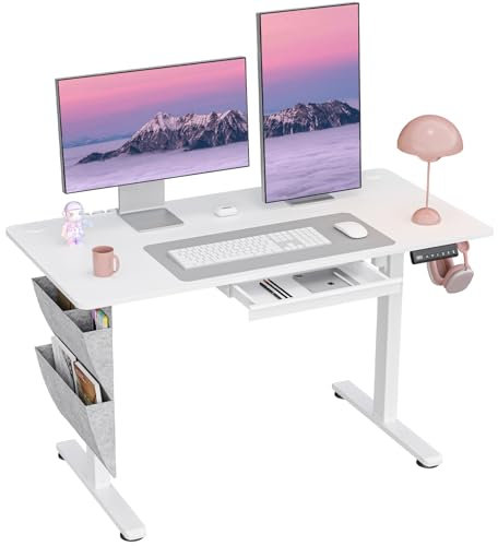 DSNAPE Electric Standing Adjustable Desk with Drawers, 48 x 24 Sit Stand Desk Adjustable Height with Side Storage for Home and Office, White