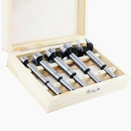 GLRYD 5-tlg Forstnerbohrer Set für Holz, Ø 15/20/25/30/35mm, aus HRC50-Hochleistungs, Extrem Scharf&Langlebig, Wellenschliff-Design, Präzise Zentrierung, Mit Holzbox, für Hartholz,Faserplatten
