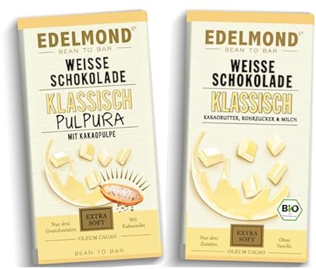 2 Set Weiße Schokolade Klassik & PulPura. Das Genießer Geschenk ohne Emulgatoren und ohne Butterfett. (2 Tafeln 160 g)