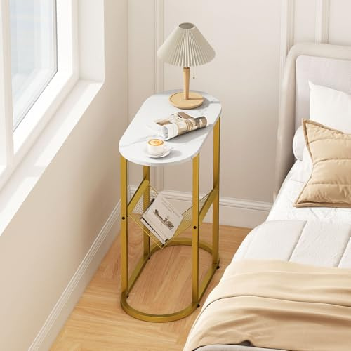 COSTWAY Table d'Appoint Étroite 2 Niveaux, Porte-revues en Maille Fer, Effet Marbre, Petite Table de Chevet Ovale Métallique pour Petits Espaces, Salon, Chambre (Blanc)