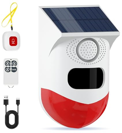 Solar Outdoor Motion Sensor Alarm with Flashing Light,3 Working Mode Motion | 120db Outdoor Security Siren,IP65 Waterproof for Garden Yard Farm Home (1 Red Flashing Siren+1 Buttons+1 Remote Control)