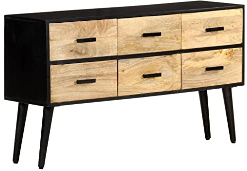 RCODSSK Massivholz Sideboard Mango 110 cm breit, Anrichte Mangoholz 64 cm hoch, Sideboard Massivholz 33 tief, Kommode mit Eisenbeinen und 6 Schubladen