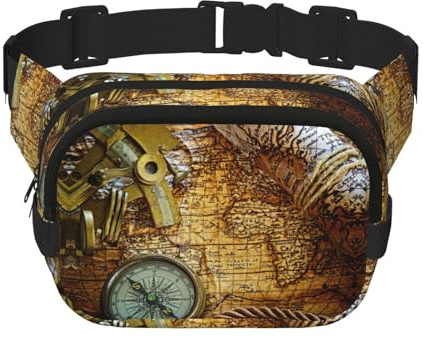 Marsupio con stampa di bussola e vecchia mappa del mondo, per uomini e donne, impermeabile, cinghia regolabile con 3 tasche, per viaggi all'aperto