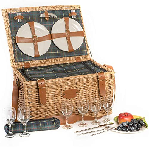 Les Jardins de la Comtesse - Picknickkorb Trianon Grün aus Weide - Lederriemen - Komplett Für 6 Personen - Kühlfach - Keramikteller und Weingläsern - Grün Stoff - 52 x 36 x 27 cm
