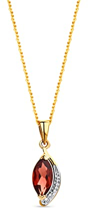 MIORE Damen Halskette aus 9KT (375) Gelbgold mit Granat Anhänger und Diamant Brillanten, Goldkette 45 cm lang