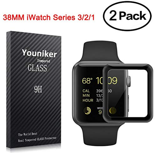 Youniker Lot de 2 protections d'écran pour Apple Watch 42 mm Séries 1, 2, 3 En verre trempé, couverture complète, anti-rayures, sans bulles