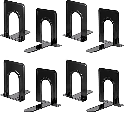 FRIMOONY Lot de 4 Paires de Serre-Livres Robustes pour étagères, Base antidérapante, Noir, idéal pour bibliothèque, Bureau, Maison, école, etc.