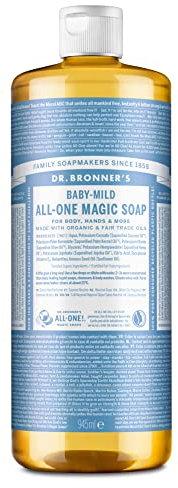Dr Bronner's Baby Mild All-One Magic Soap, Made with Organic Oils, Used for Face, Hair, Babies, Laundry and Dishes, Certified fair Trade & Vegan Friendly, 945ml Recycled Bottle