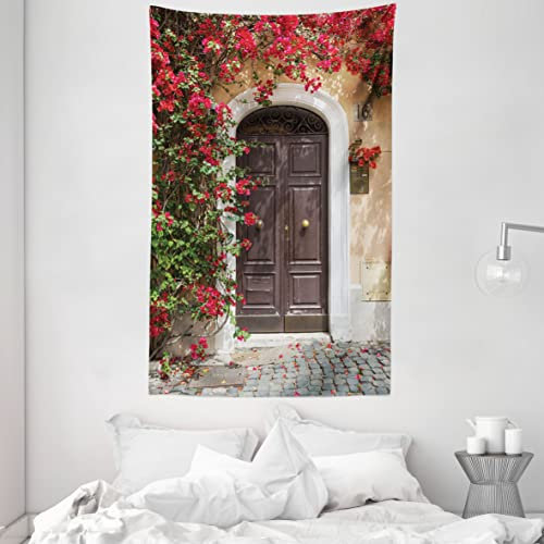 ABAKUHAUS marokkanisch Wandteppich und Tagesdecke, Alte Tür mit Blumen aus Weiches Mikrofaser Stoff Waschbar ohne Verblassen Digitaldruck, 140 x 230 cm, Braun Beige