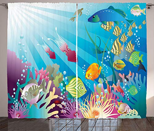 ABAKUHAUS Unterwasser- Rustikaler Gardine, Fischarten im Meer, Schlafzimmer Kräuselband Vorhang mit Schlaufen und Haken, 280 x 260 cm, Mehrfarbig Meerblau