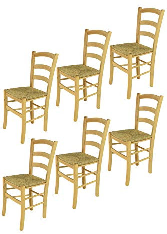 t m c s Tommychairs - 6er Set Stühle Venice für Küche und Esszimmer, robuste Struktur aus lackiertem Buchenholz im Farbton Naturfarben und Sitzfläche aus Stroh