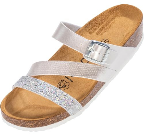 Palado Pantoletten Damen Chios - bequeme Sandalen Made in Spain - Hausschuhe mit dämpfendem Kork-Fußbett - modische Sommerschuhe Metallic Silber UK6 - EU39