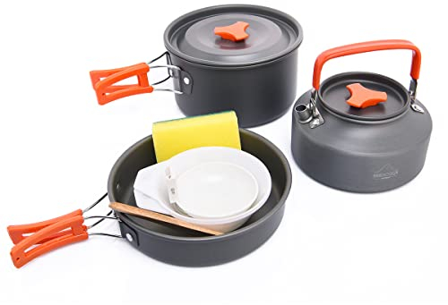 WIDESEA Camping cookware set for 2-3 people Non-Stick frying pan soup pot and kettle Set Mess Kit Hiking/trekking/Picnic outdoor (lightgrey)