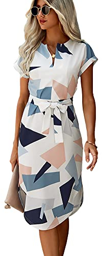 Ajpguot Sommerkleid Damen Elegant Kleider Kurzarm V-Ausschnitt Strandkleid Blumen Knielang Kleid mit Gürtel Partykleid Abendkleid (Weiß, M)