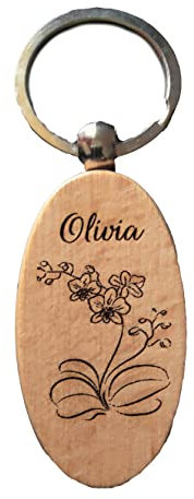 Porte-clés ovale bois exotique personnalisé fleur orchidée Dessin et prénom au choix
