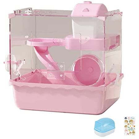 Hamsterkäfig Kleintierkäfig Groß Zwerghamster Käfig Acryl Kunststoff Transparent Nagerkäfig Cage Zwei Ebenen Hamsterhaus für Kleintier Mäuse Transparentes Plastik mit Zubehör Rosa