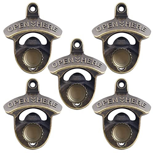 HAIICEN 5 PCS Stainless Magnetic Beer Bottle Opener Wall Mount Beer Cap Opener with Magnets Catcher Embedded (Antique Bronze)