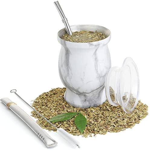9Oz Yerba Mate Cup, Yerba Mate Gourd Set-Stainless Steel Modern Mate Cup, 2 Bombilla Mate Straws, Cleaning Brush and BPA Free Lid, Double-Walled and Hot&Cold Drink, Mate Gourd for Mate Tea, Coffee