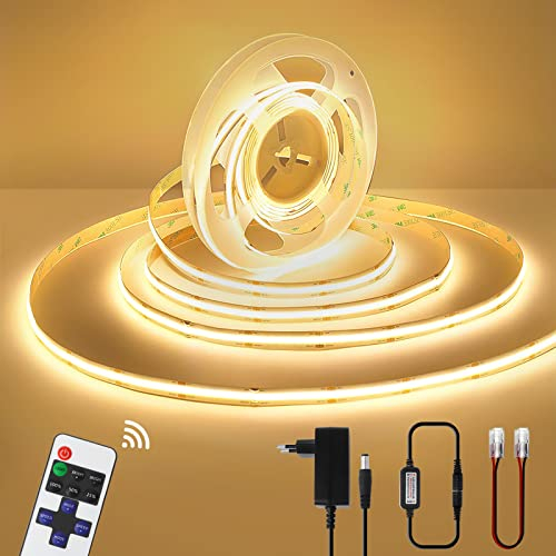 COB LED Streifen 5M, 3000K LED Strip Dimmbar Warmweiß, 24V LED Band Selbstklebend, 480LEDs/M, CRI90+, Flexible DIY LED Leiste mit Netzteil und RF Fernbedienung für Schrank Treppe Küche Wohnzimmer
