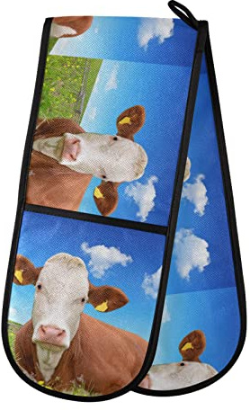Double Oven Glove Cute Cow Cattle Heat Resistant Double Ovens Mitt Modern Cooking Gloves Potholders