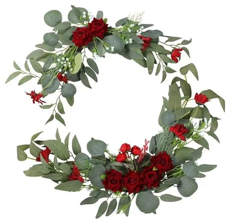 H&W 2pcs Small Size Artificial Wedding Arch Flowers for Wedding Sign, Floral Swag Dusty Decor for Reception Ceremony Backdrop Sweetheart Table (Red Rose)