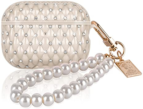 DiyGody Elegant Schutzhülle für Airpods Pro 2 Generation, Glitzernd Diamant Hülle mit Perle Schlüsselanhänger für Frauen,Stoßfeste TPU Anti-Rutsch Kratzfest Ultradünn Case für AirPods Pro 2 2022-Beige