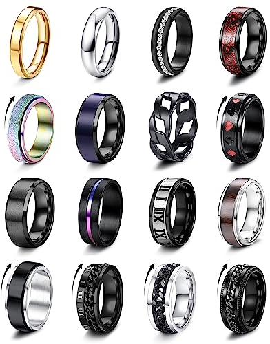 FIOROYAL 16 Stück Ringe Herren Edelstahl Herren Ring Schwarz Coole Ketten Fidget Spinner Ring Set Flaschenöffner Ringe Hochzeit Versprechen Ring für Männer Damen Größe 60