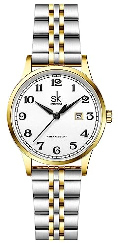 SK Classic Business Women Watches with Stainless Steel Band and Genuine Leather Elegant Ladies Calendar Watch (Silver-Gold)
