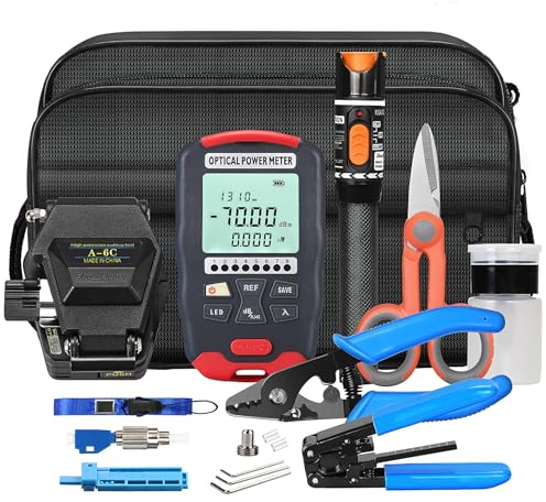 BAOSHLA Fiber Optic Termination Kit FTTH Cold Connection Kit 6C Fiber cutting knife Stripper Pliers 10km Visual Fault Locator D7 Optical power meter with RJ45 network testing and FC to LC Adapter