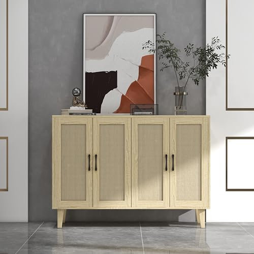 Meuble de Rangement en Rotin et MDF, Buffets Haut Aspect avec 4 Portes sur Salon, Chambre, 127 x 38 x 83 cm (Bois)