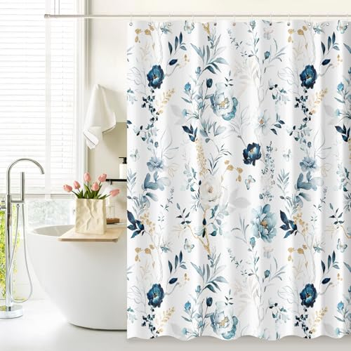 Tititex Duschvorhang mit blauem Blumenmuster, Aquarell-Goldblätter mit Blumen, Badezimmer-Dekoration, Duschvorhang-Set, 180 x 180 cm, mit Haken