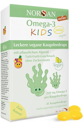 NORSAN Omega 3 vegan KIDS JELLY 45 hochdosiert/Omega 3 vegan hochdosiert 220mg pro Kaugeleedrops/veganes Omega 3 mit EPA & DHA/Omega 3 Kids mit Tutti-Frutti-Geschmack