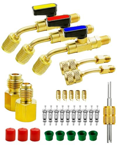 Válvula de bola compacta en ángulo para aire acondicionado para R410A R134A R12 R22 HVAC, kit de accesorios de baja pérdida, adaptador de bomba de vacío y sello de manguera y juntas y núcleo de