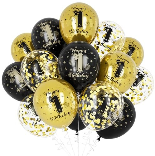 Unisun 1. Geburtstag Luftballons, 1 Jahre Geburtstag Dekorationen für Jungen, Happy Birthday Schwarz Gold 1 Jahrestag Ballons Deko für Geburtstag Party Supplies