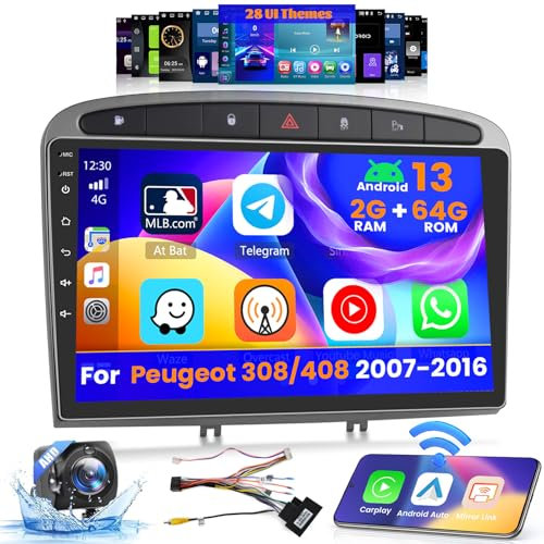 Inefala 2G+64G Android 15 Autoradio pour Peugeot 308/408 2007-2016 avec CarPlay sans Fil et Android Auto, 9 Pouces Écran Tactile avec Lien Miroir Bluetooth RDS DSP WiFi GPS 28 UI AHD Camera de Recul