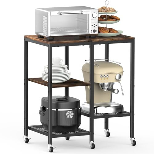 OGEMXU Kitchen Microwave Cart,Microwave Stand with Wheels,Coffee Bar Table Station,4-Tier Rolling Baker's Rack,Small Appliance Storage Shelf,Utility Side Table for Kitchen,Living Room (Rustic Brown)