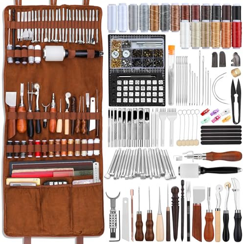 Benlay Leder-Werkzeugset mit Lederhandtasche, Lederhandwerkswerkzeuge mit gewachstem Faden, Druckknopf-Nieten-Schneidematte, Lederwerkzeuge zum Polieren von Leder, Nähen, Schnitzen und Schneiden