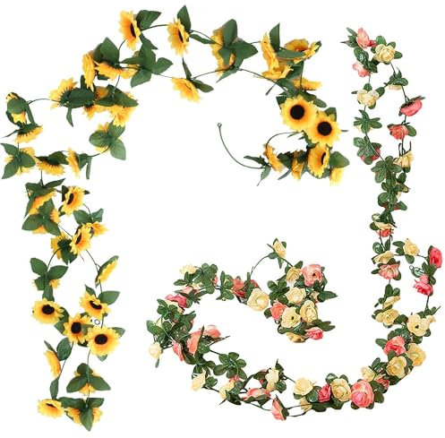 DHSBGWSX Set di 2 ghirlande di fiori artificiali in rattan di girasole artificiali, decorazione di girasole, vite da appendere, decorazione da giardino