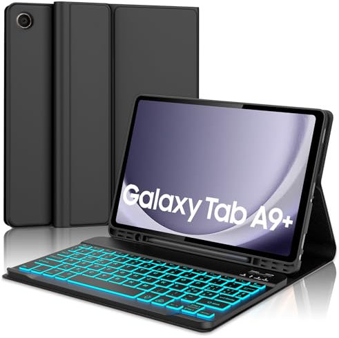 JADEMALL Coque Clavier pour Samsung Galaxy Tab A9+/A9 Plus 2023 11, AZERTY Français Clavier Rétro-éclairé Bluetooth Magnétique Détachable pour Tablette Samsung A9+/A9 Plus 11 2023, Noir